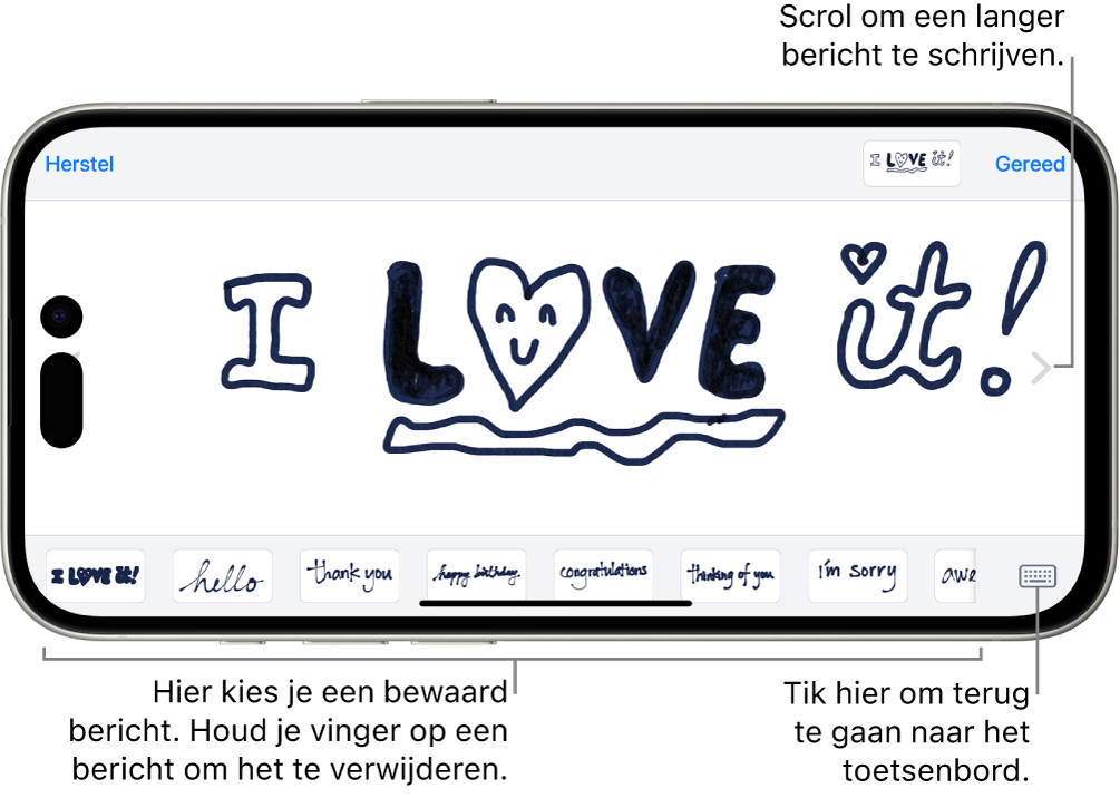 Het tekengebied met een handgeschreven bericht. Onderin bevinden zich van links naar rechts bewaarde handgeschreven onderdelen en de knop voor het weergeven van het toetsenbord.