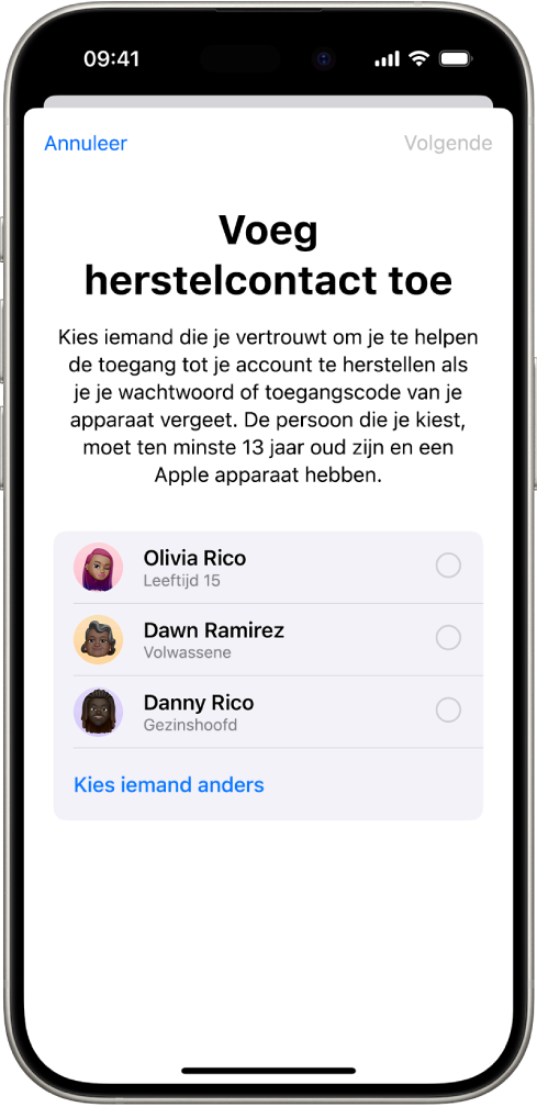 Het scherm 'Voeg herstelcontact toe', met voorgestelde contactpersonen die als herstelcontact kunnen worden geselecteerd en de optie om iemand anders te kiezen.