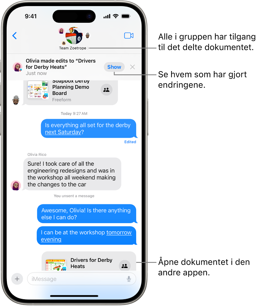 En gruppesamtale i Meldinger, en samarbeidsinvitasjon og oppdateringer øverst i samtalevinduet.