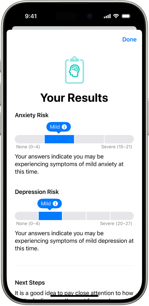 En skjerm i Helse-appen som viser resultater fra et spørreskjema om mental helse.