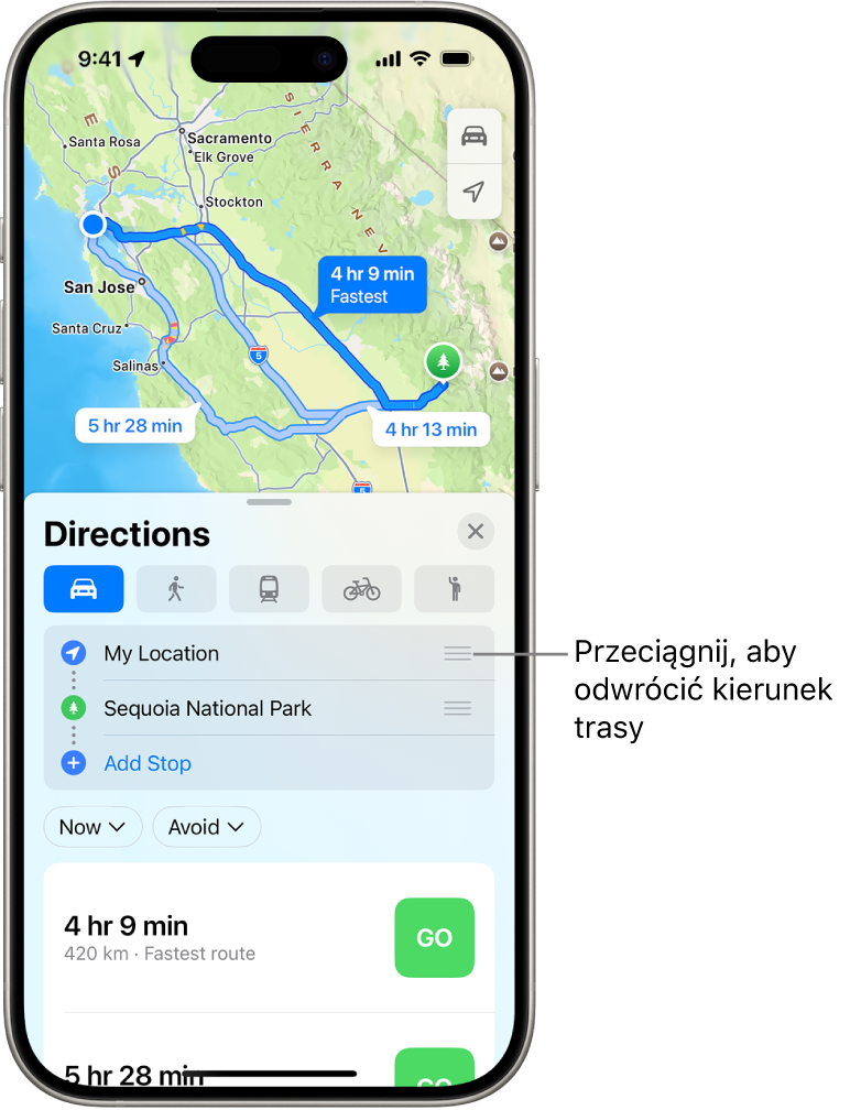 Mapa z kilkoma możliwymi trasami przejazdu samochodem między Twoim położeniem a miejscem docelowym.