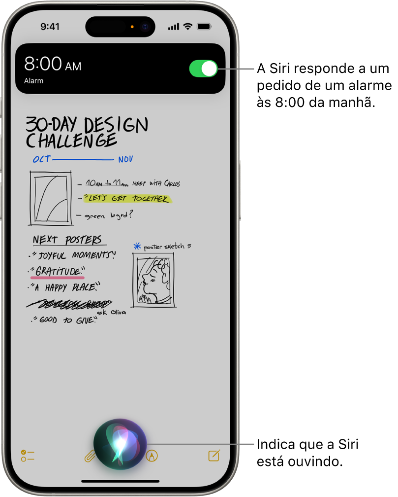 Tela do iPhone. Perto da parte superior da tela, uma notificação do app Relógio mostra que um alarme está ativado para as 8 horas da manhã. Um ícone na parte inferior da tela indica que a Siri está ouvindo.