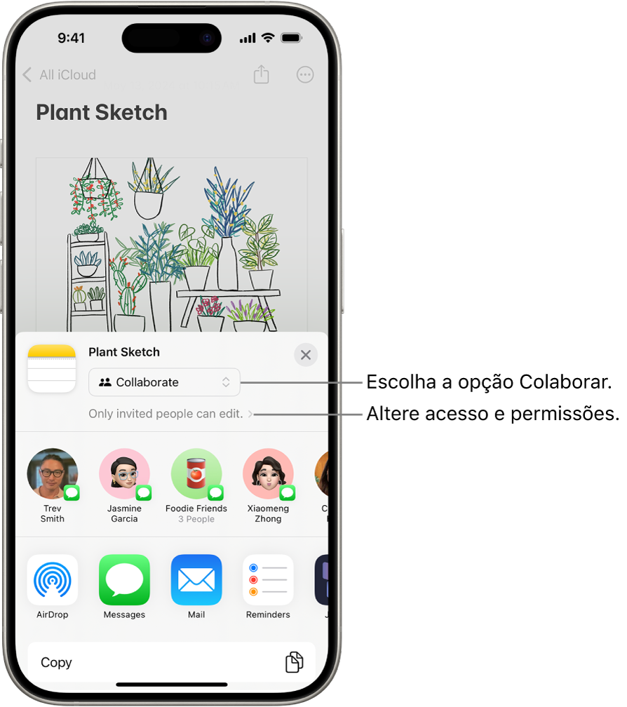 Um convite de colaboração para um desenho no app Notas, mostrando Colaborar na opção de compartilhamento e “Apenas as pessoas convidadas podem editar” como ajuste de acesso e permissão. Quatro possíveis destinatários, incluindo um grupo, formam uma linha abaixo disso. A seção inferior oferece maneiras diferentes de compartilhar a nota: AirDrop, Mensagens, Mail e Freeform.