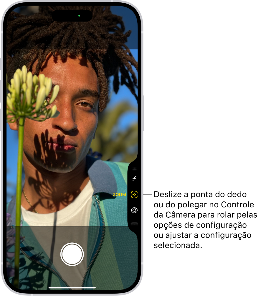 O menu Controle da Câmera está aberto no app Câmera. O controle de Zoom está selecionado.