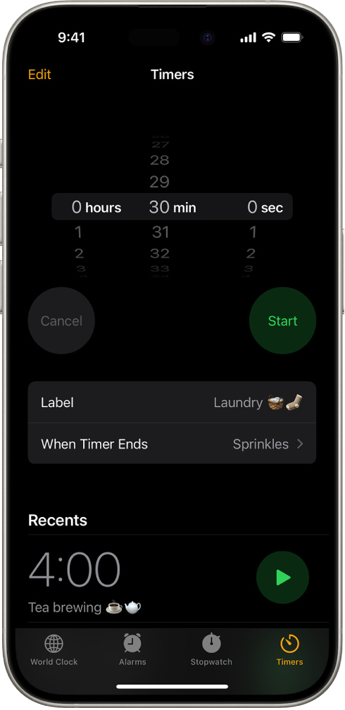 Uma tela para adicionar um timer, com ajustes para definir um timer e um botão para iniciar um timer criado recentemente.