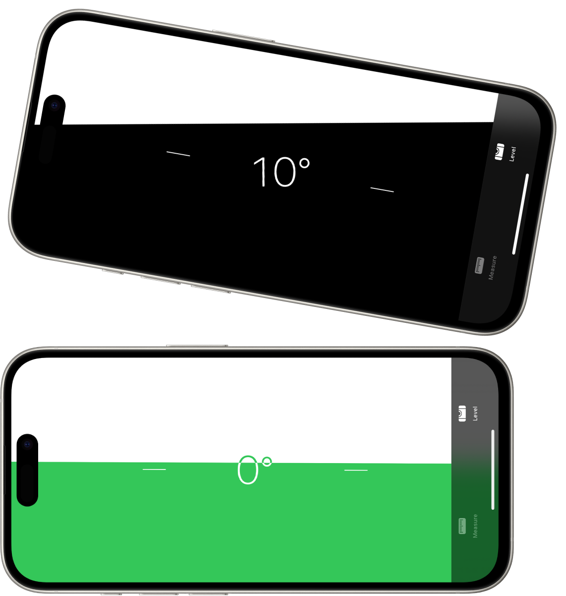 O ecrã do nível na aplicação Fita Métrica. Na parte superior, o iPhone está inclinado a um ângulo de 10 graus; na parte inferior, o iPhone está nivelado.