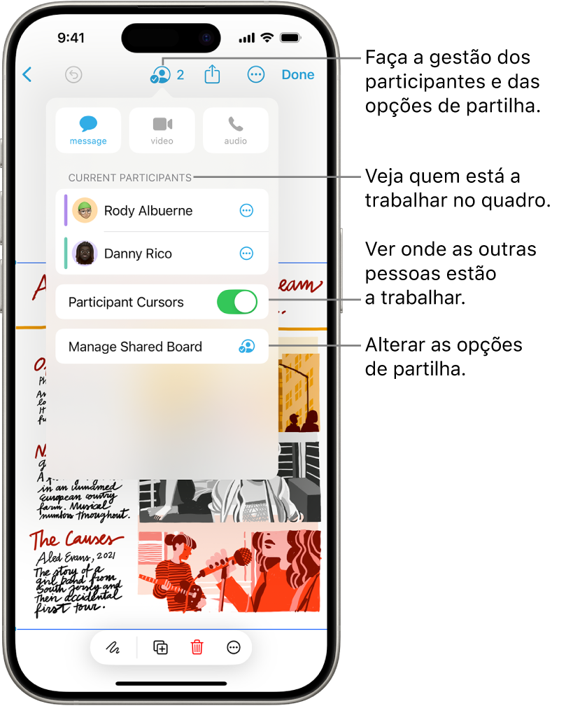 Um quadro Freeform partilhado no iPhone com o menu de colaboração aberto.