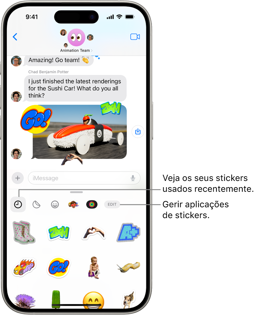 Os stickers aparecem por baixo de uma conversa. Cada botão ao longo da parte superior do cartão abre um conjunto de stickers.