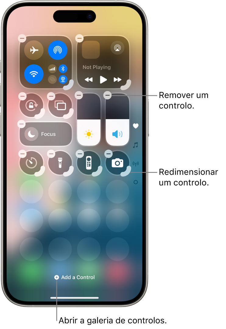 A central de controlo está a ser editada, com um botão “Remover” e um puxador de redimensionamento em todos os controlos.