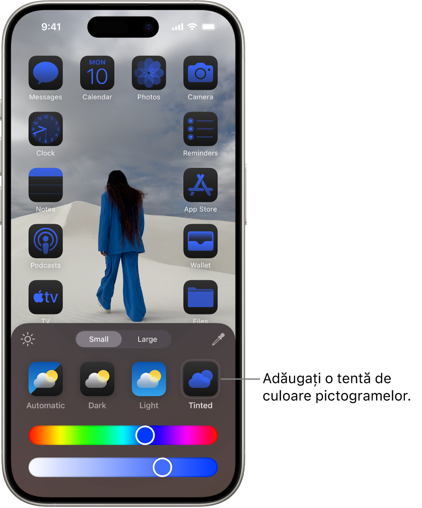 Un ecran principal personalizat cu pictograme cu o tentă albastră și aranjate pentru a încadra o poză și comenzi în partea de jos a ecranului pentru personalizarea pictogramelor. Opțiunile includ butoanele Automat, Întunecat, Luminos și Tentă, glisoare pentru alegerea culorilor și saturației și butoanele Mic și Mare pentru configurarea dimensiunii pictogramelor.