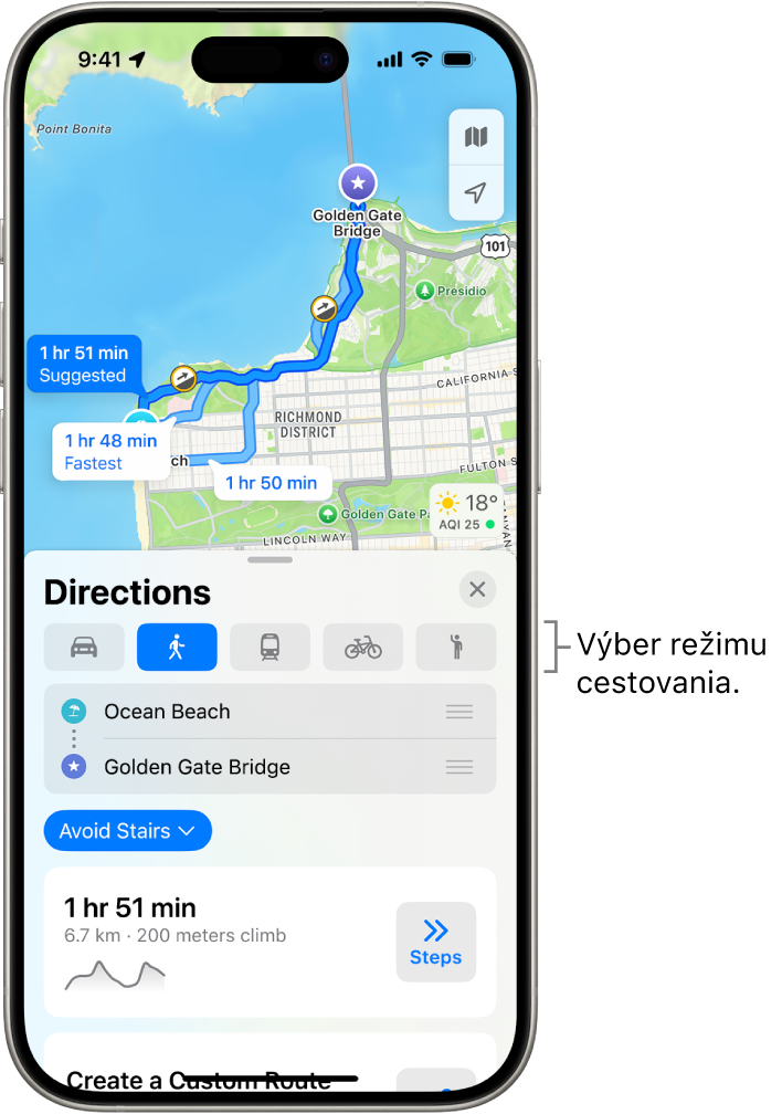 Mapa zobrazujúca niekoľko možností trasy medzi dvoma miestami s tlačidlami na výber iných spôsobov dopravy, prepnutie začiatočného a cieľového miesta a zobrazenie navigačných pokynov v podobe krokov.