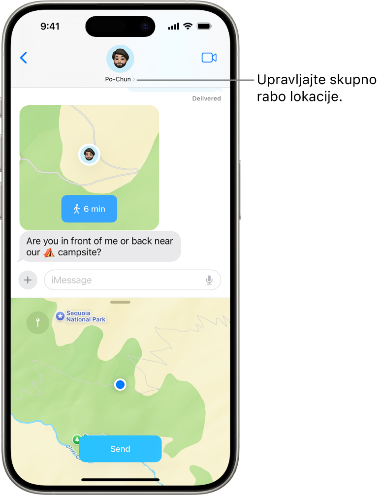 Pogovor v aplikaciji Sporočila z deljeno lokacijo.