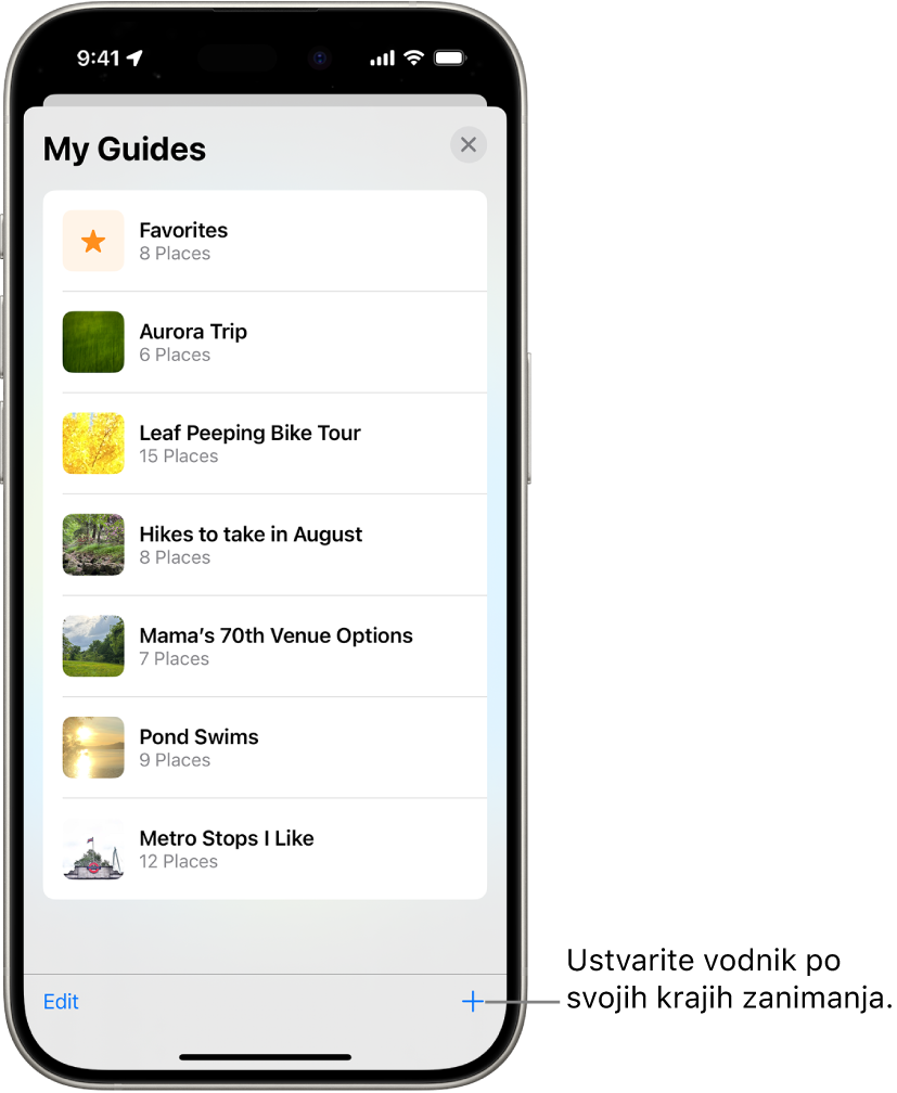 Seznam več vodičev po meri v aplikaciji Zemljevidi, vključno s kategorijo Priljubljene in gumbom Nov vodič spodaj desno.