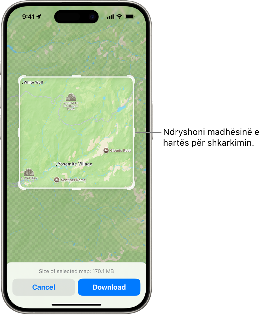 Një hartë e një parku kombëtar. Parku është i inkuadruar nga një drejtkëndësh me doreza, të cilat mund të lëvizen për të ndryshuar madhësinë e hartës për t'u shkarkuar. Madhësia e shkarkimit të hartës së zgjedhur tregohet afër fundit të hartës. Butonat Cancel dhe Download janë në fund të ekranit.
