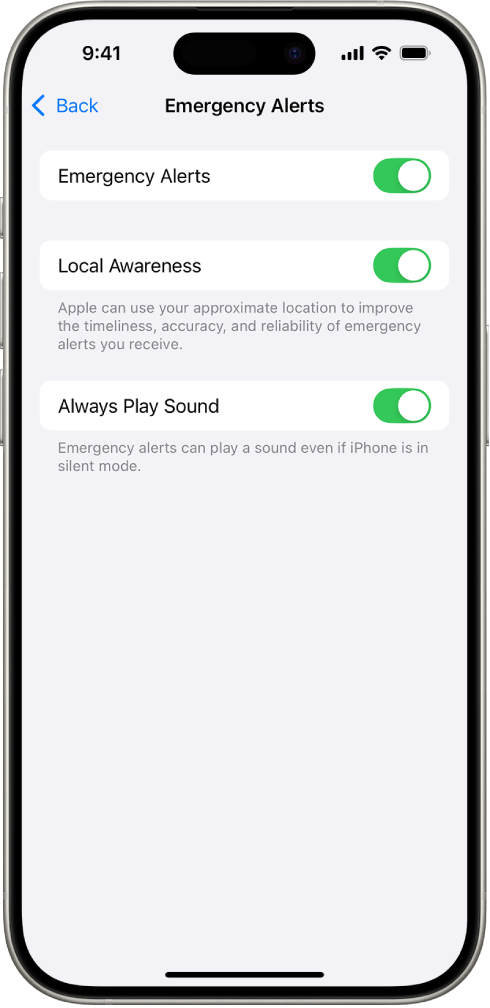 Екран Emergency Alerts на ком су укључени Emergency Alerts, Local Awareness и Always Play Sound.