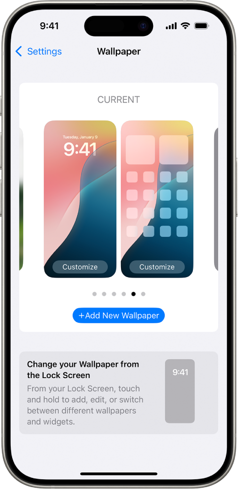 Екран Wallpaper Settings са дугмадима за прилагођавање тренутне позадине на почетном екрану и закључаном екрану, и дугметом Add New Wallpaper за промену позадине.
