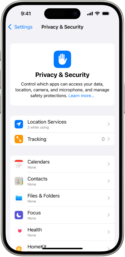 Екран Privacy & Security у апликацији Settings.