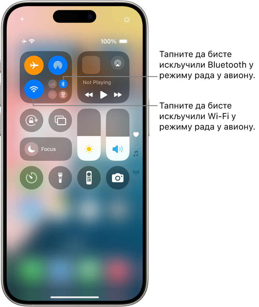 Екран Control Center на iPhone-у. Група контрола у горњем левом углу садржи дугме за Airplane Mode (горњи леви угао), дугме за Wi-Fi (доњи леви угао) и дугме за Bluetooth (доњи десни угао). Airplane Mode, Wi-Fi и Bluetooth су укључени. Тапните на дугме Bluetooth да бисте искључили Bluetooth у режиму рада у авиону. Тапните на дугме Wi-Fi да бисте искључили Wi-Fi у режиму рада у авиону.