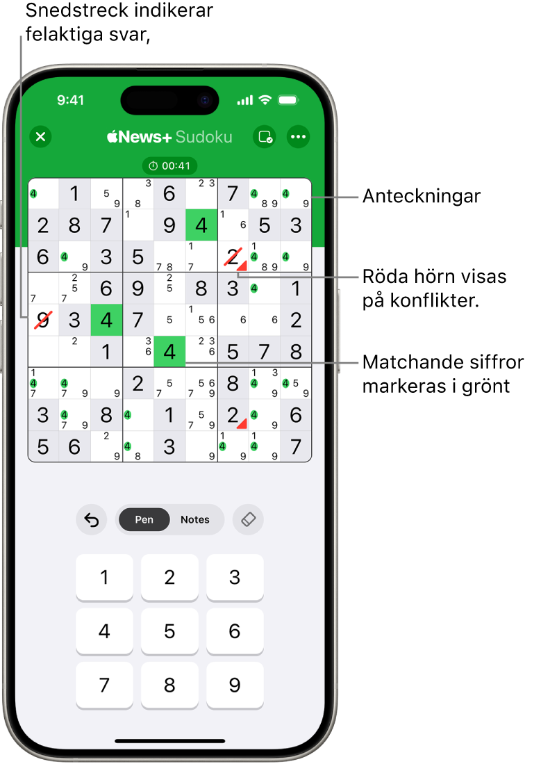 En sudoku med flera påslagna funktioner: Notes, Highlight Matching Numbers, Show Conflicts och Autocheck.