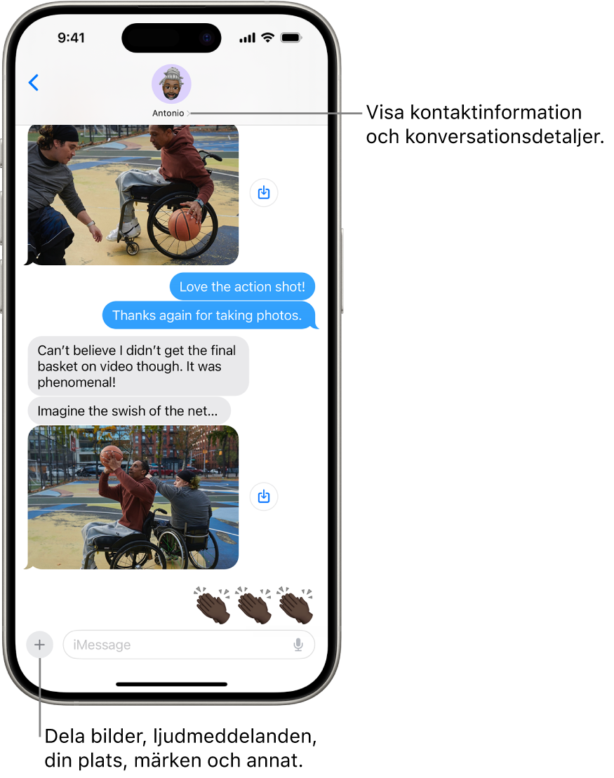 En konversation i Meddelanden. Namnet på den person som du skickar meddelanden till finns överst på skärmen. Du kan visa information om konversationen genom att trycka på namnet. Lägg till-knappen finns längst ned till vänster.