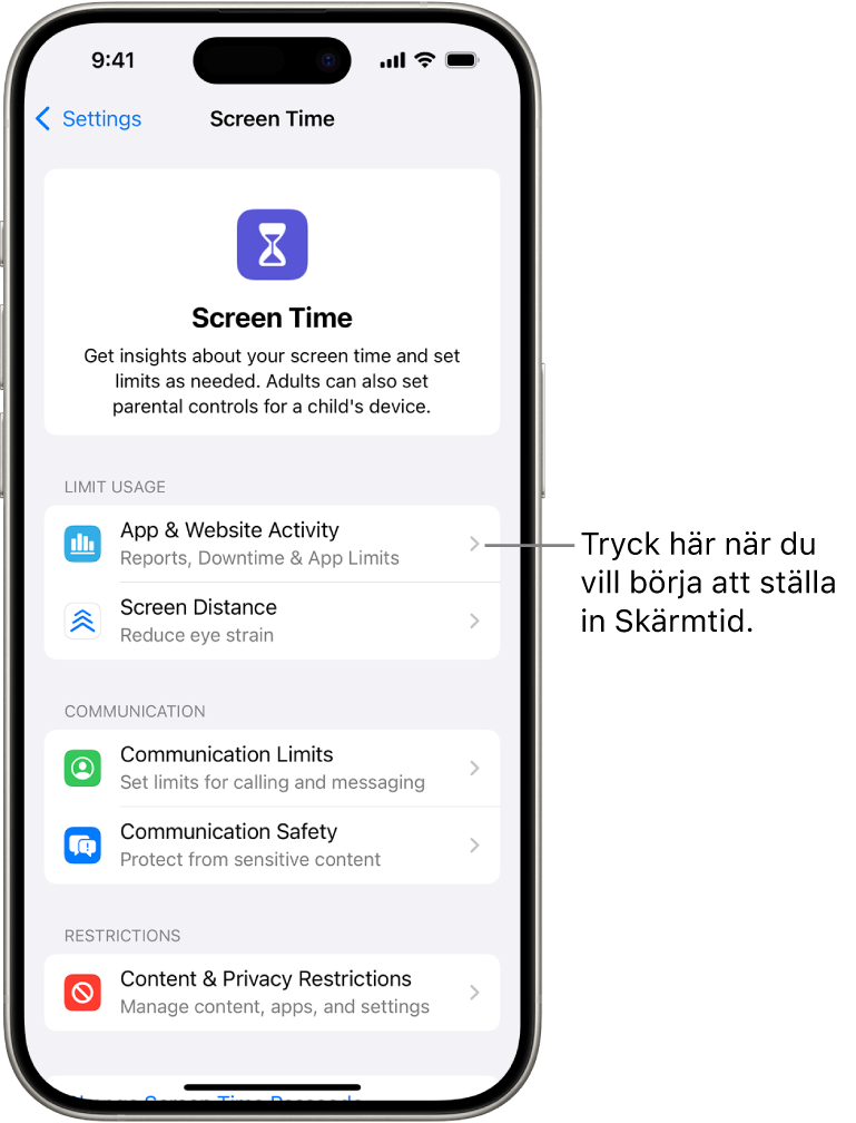 Skärmen för inställning av Skärmtid som visar knappen App- och webbplatsaktivitet.