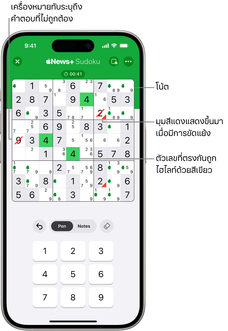 ปริศนา Sudoku ที่มีคุณสมบัติมากมายเปิดใช้อยู่: Notes, Highlight Matching Numbers, Show Conflicts และ Autocheck