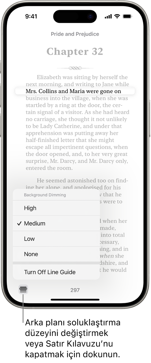 Kitaplar uygulamasındaki bir kitabın sayfası. Metnin tek bir satırı vurgulanmış ve metnin kalanı soluk. Ekranın sol alt köşesinde Satır Kılavuzu Menüsü düğmesi var.