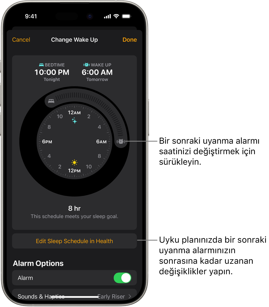 Bir sonraki uyanma alarmını değiştirme ekranı. Çalan alarm düğmesinin konumu, alarmın saatini ayarlıyor.