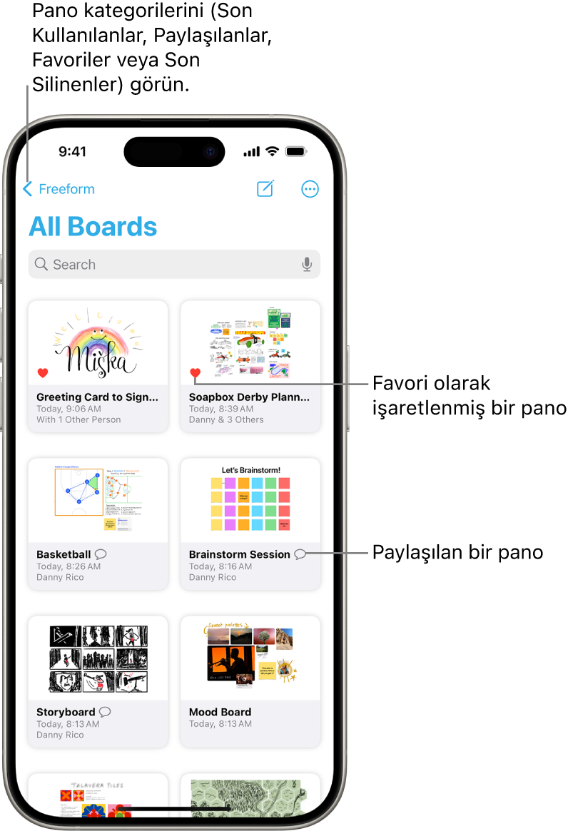 Freeform’un Tüm Panolar ekranı açık ve sekiz pano küçük resmini gösteriyor.