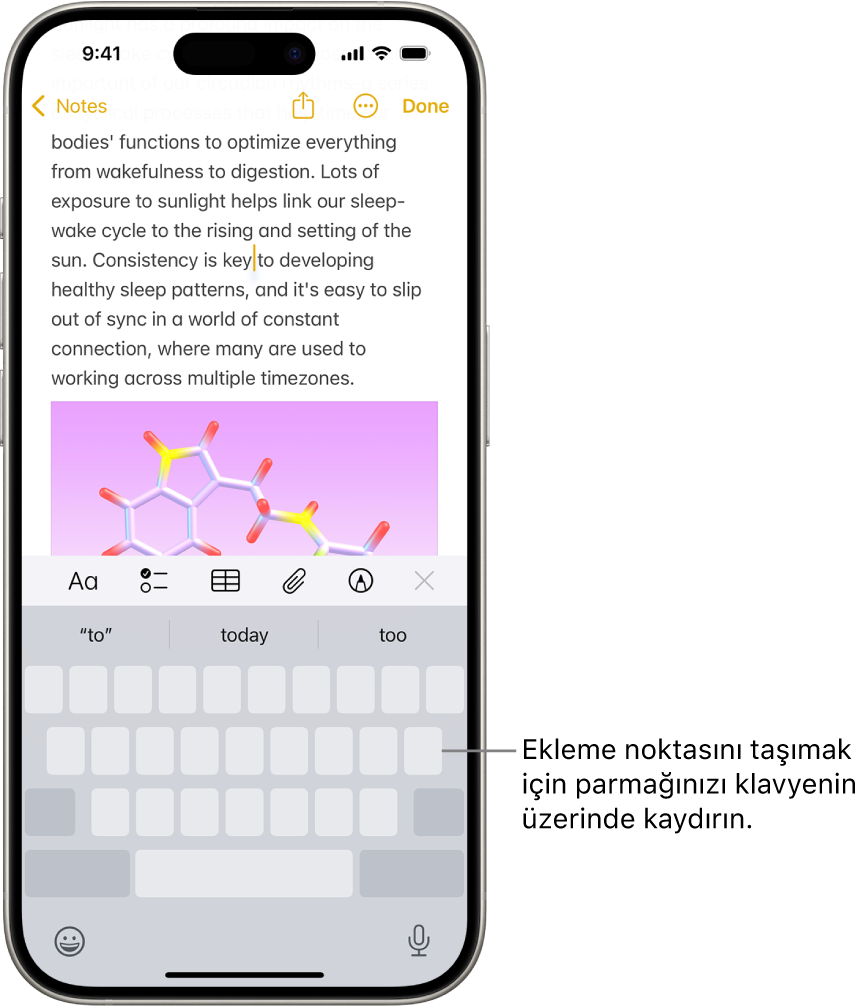 Notlar uygulamasında bir belge açık. Ekranın alt yarısındaki ekran klavyesi izleme dörtgeni modunda.