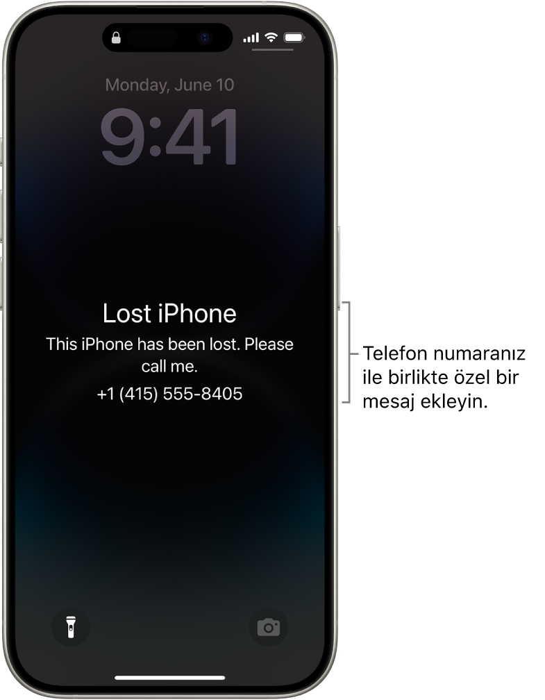 Kayıp iPhone mesajı ile kilitli iPhone ekranı. Telefon numaranız ile birlikte özel bir mesaj ekleyebilirsiniz.