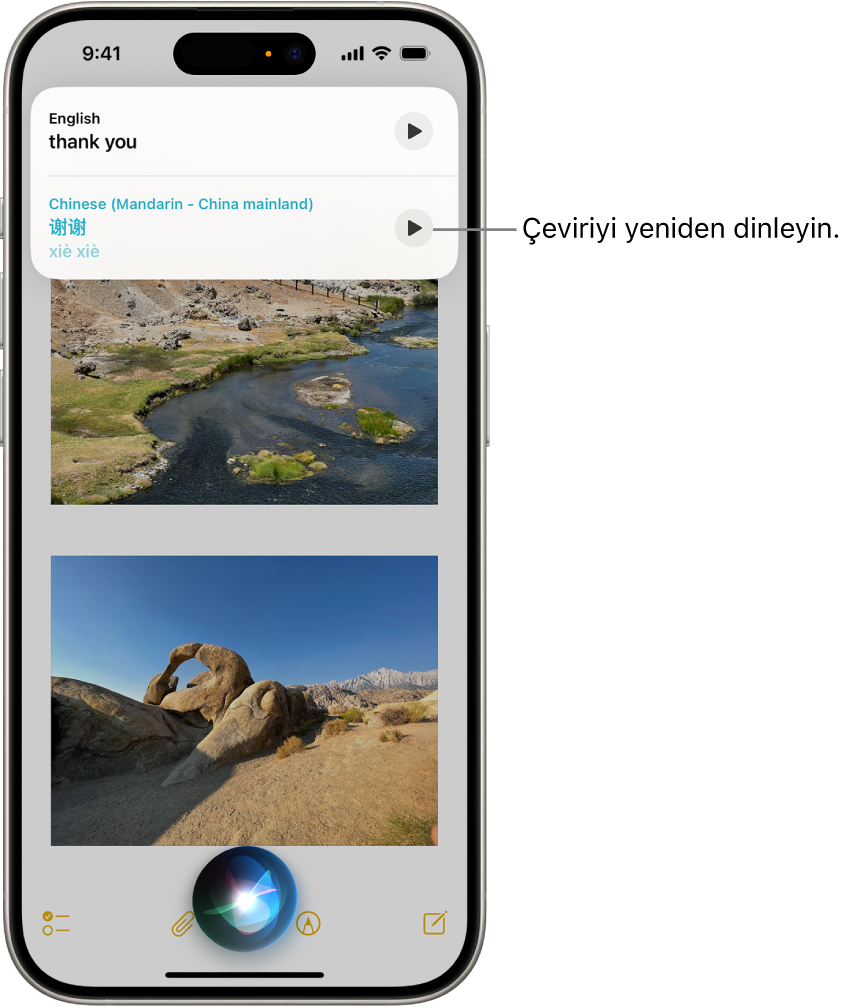 En altta Siri dinliyor göstergesinin ve en üstte [İngilizceden Mandarine] çeviri şeklinde Siri yanıtının bulunduğu bir iPhone ekranı.