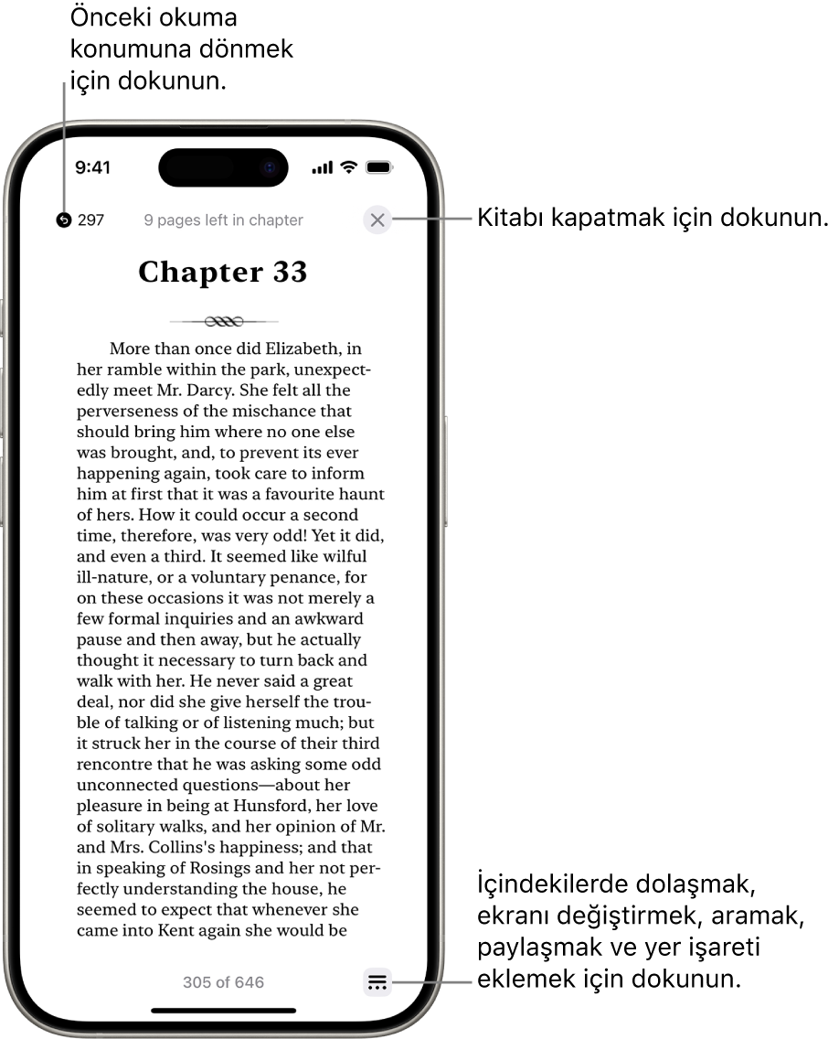 Kitaplar uygulamasındaki bir kitabın sayfası. Ekranın en üstünde, okumaya başladığınız sayfaya dönme ve kitabı kapatma düğmeleri var. Ekranın sağ alt tarafında Menü düğmesi var.