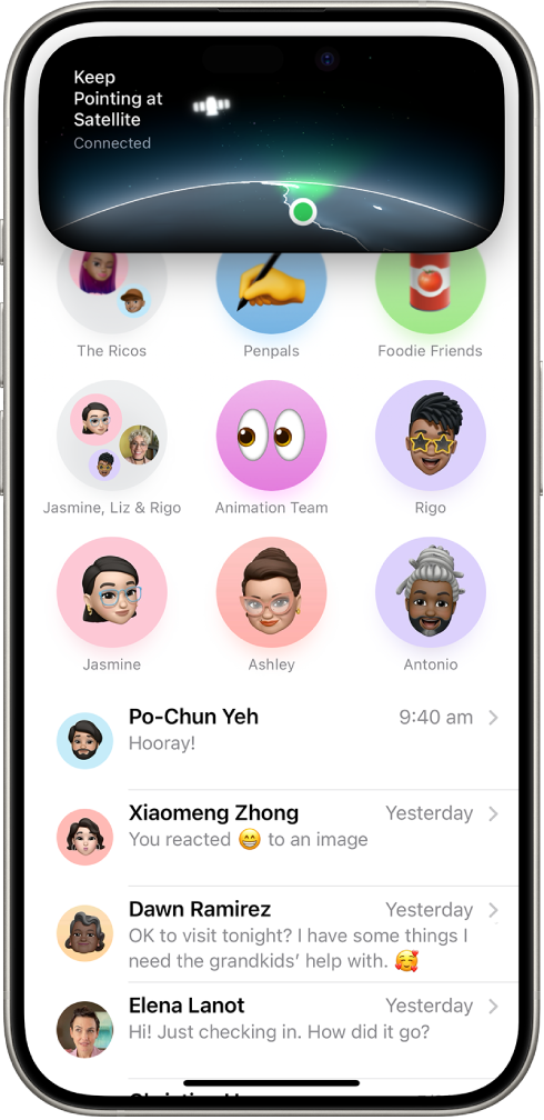 Lời nhắc kết nối với vệ tinh, xuất hiện khi bạn mở ứng dụng Tin nhắn trên iPhone 14 trở lên và không có vùng phủ sóng di động hoặc Wi-Fi.