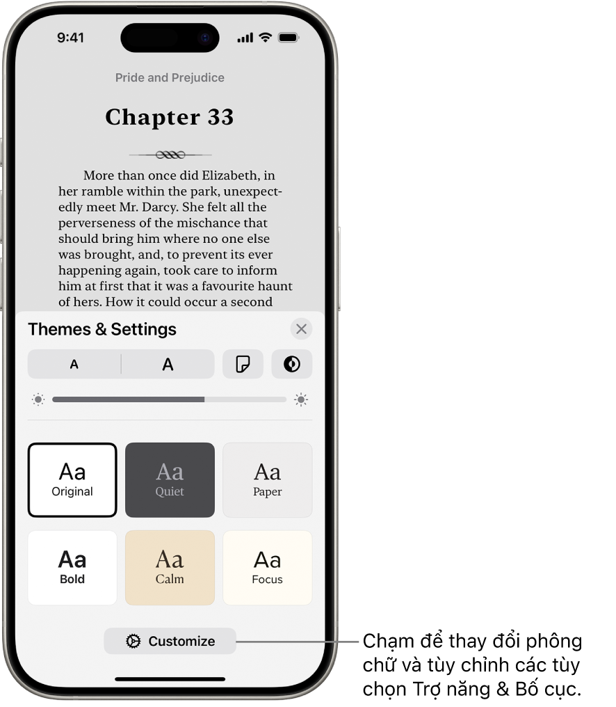 Một trang sách trong ứng dụng Sách. Tùy chọn Chủ đề & Cài đặt hiển thị các điều khiển cho cỡ chữ, chế độ xem cuộn, kiểu lật trang, độ sáng và kiểu phông chữ.