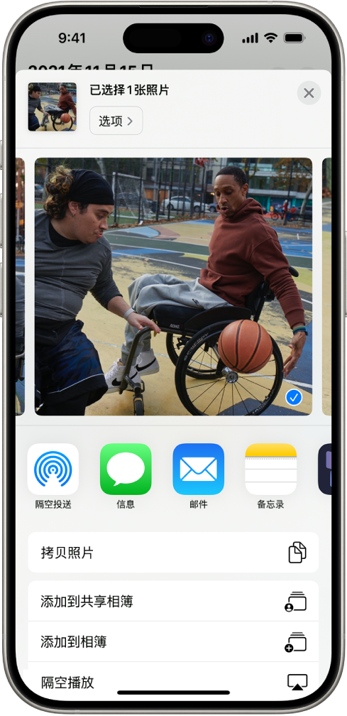 iPhone 屏幕上半部分显示一张所选照片，下方带有一行共享选项。再下方显示更多选项，包括“拷贝照片”、“添加到共享相簿”、“添加到相簿”和“隔空播放”。