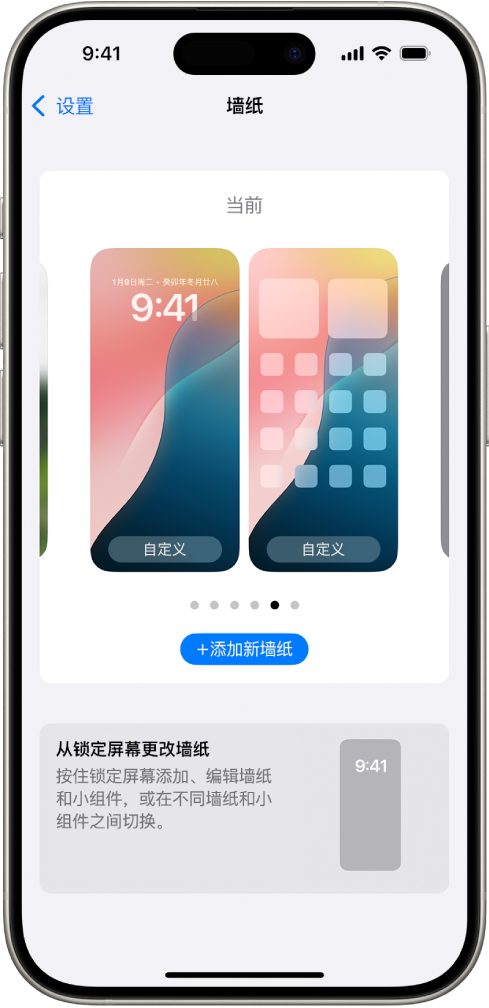 “墙纸设置”屏幕，带有用于自定义主屏幕和锁定屏幕当前墙纸的按钮，以及用于更改墙纸的“添加新墙纸”按钮。