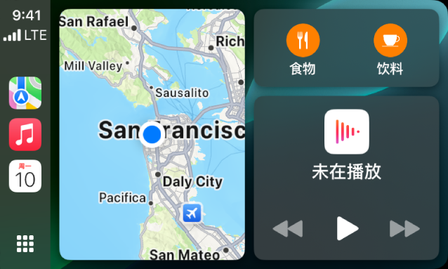 CarPlay 车载仪表盘在边栏中显示了“地图”、“音乐”和“信息”。在右侧是 Apple Park 的地图，导航窗口和播放中窗口。