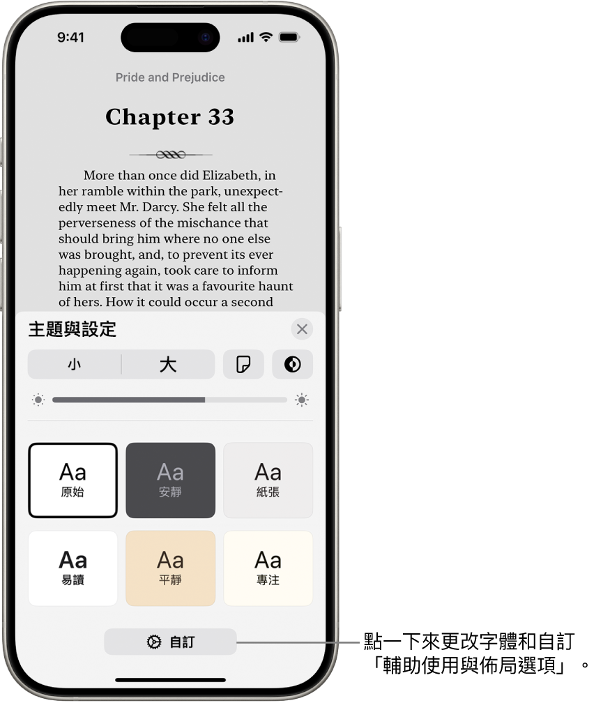 「書籍」App 中某本書的一頁。「主題與設定」選項，顯示字體大小、捲動顯示方式、翻頁樣式、亮度和字體樣式的控制項目。