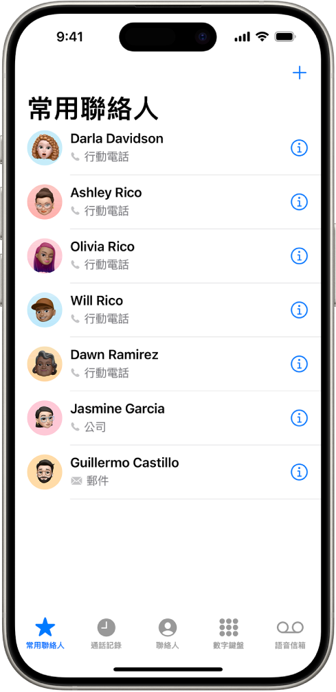 「聯絡人」App 中的「常用聯絡人」畫面；有六位聯絡人列為常用聯絡人。