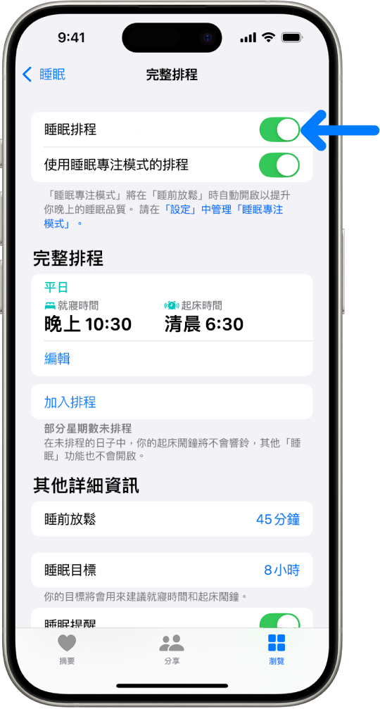 「健康」中的「完整排程」睡眠畫面，「睡眠排程」在最上方開啟。