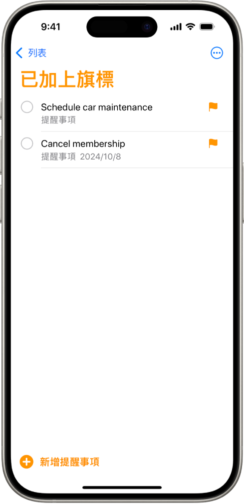 「提醒事項」畫面顯示一個「智慧型列表」中包含所有帶有旗標的項目。