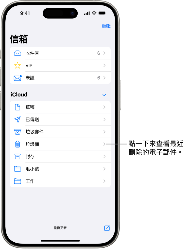 「信箱」畫面。在 iCloud 下方，信箱由上至下列出，包含「垃圾桶」信箱。點一下來查看最近刪除的郵件。