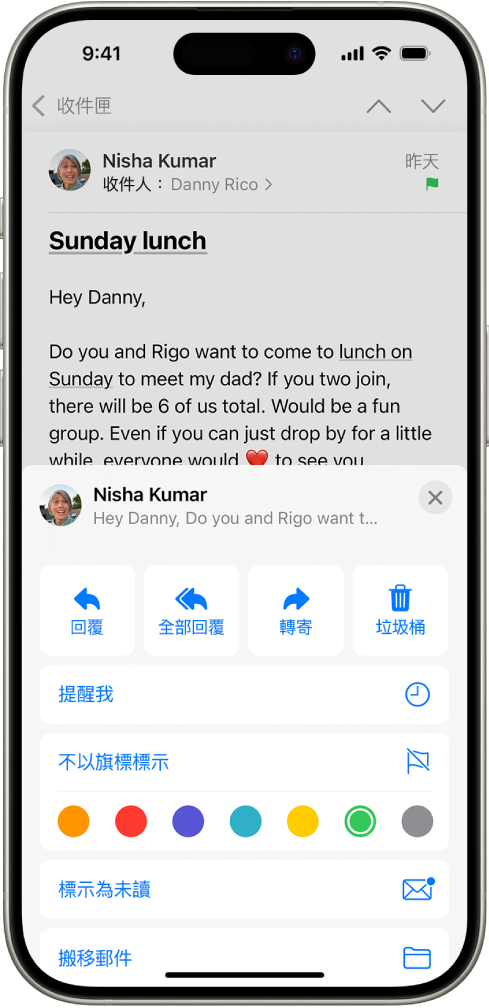 郵件在螢幕下半部顯示回覆選項，包含「不以旗標標示」按鈕和旗標顏色選項。