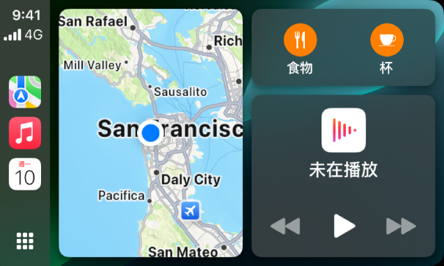 CarPlay 儀表板的側邊欄中顯示「地圖」、「音樂」和「訊息」。右側顯示 Apple Park 地圖、導航視窗和播放中視窗。