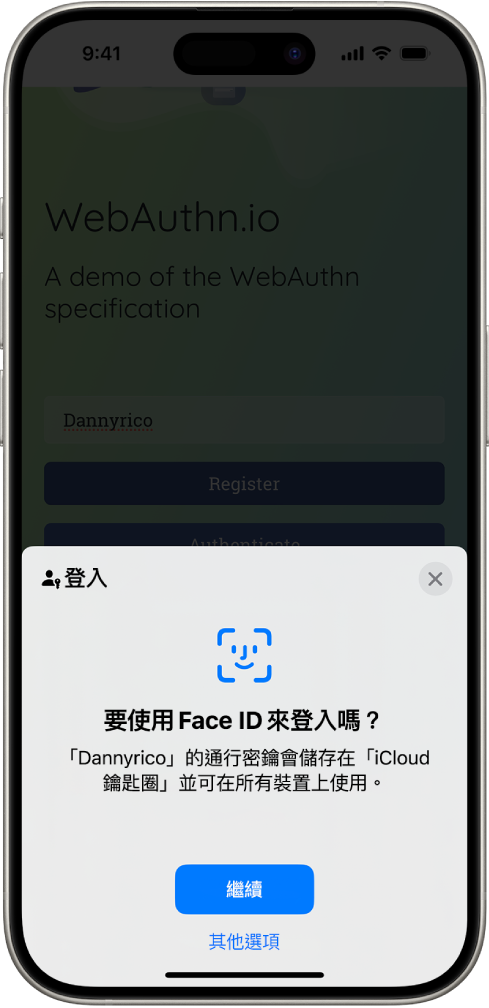 iPhone 螢幕下半部提供使用通行密鑰登入網站的選項。顯示用於儲存通行密鑰的「繼續」按鈕，還有一個「其他選項」按鈕。