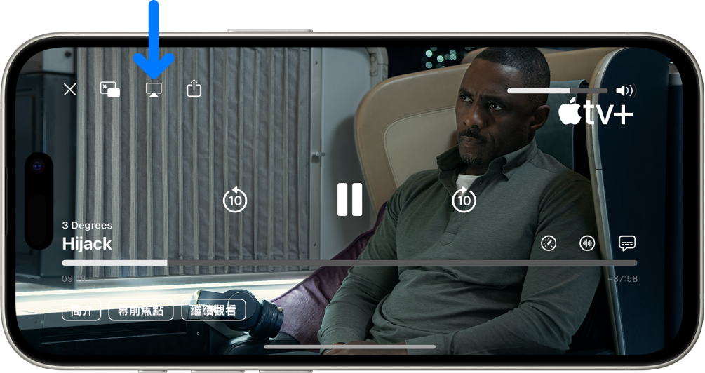 電影在 iPhone 螢幕上播放。螢幕中央顯示播放控制項目。AirPlay 按鈕位於左上角附近。