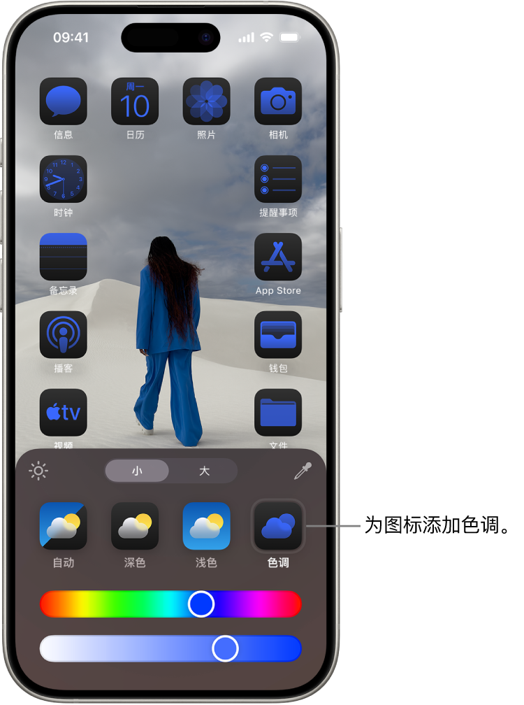 自定义的主屏幕，其中图标为蓝色调，排列以框住照片，屏幕底部的控制用于自定义图标。选项包括“自动”、“深色”、“浅色”和“色调”按钮，用于选取颜色和饱和度的滑块，以及用于设置图标大小的“小”和“大”按钮。