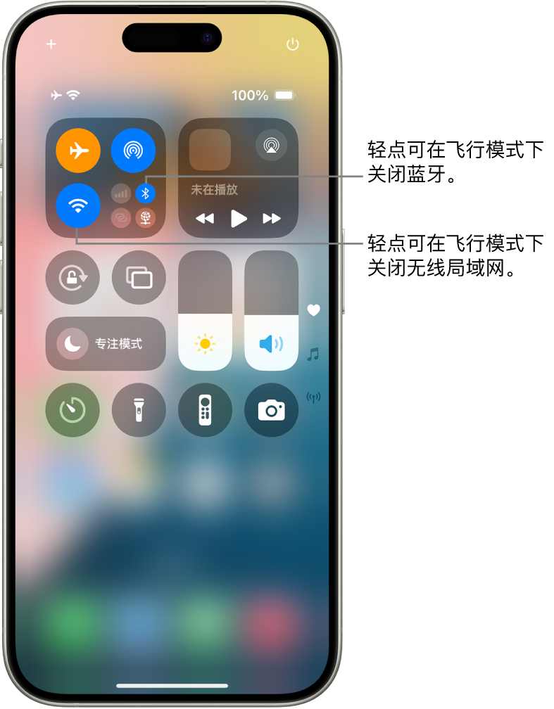 iPhone 控制中心。在左上方的控制组中，飞行模式按钮位于左上方，“无线局域网”按钮位于左下方、“蓝牙”按钮位于右下方。飞行模式、无线局域网和蓝牙已全部打开。轻点“蓝牙”按钮以关闭飞行模式下的蓝牙。轻点“无线局域网”按钮以关闭飞行模式下的无线局域网。