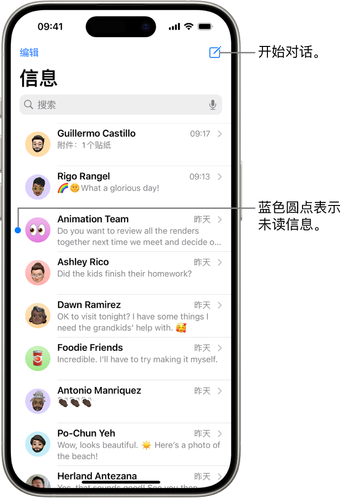 “信息”对话列表，右上方是“编写”按钮。信息左侧的蓝色圆点表示未读。